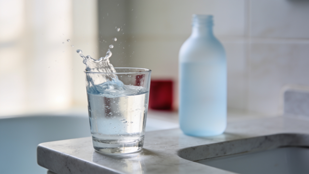 A clear glass of alcohol-free mouthwash rinse on a pale bathroom surface, fresh and hydrating