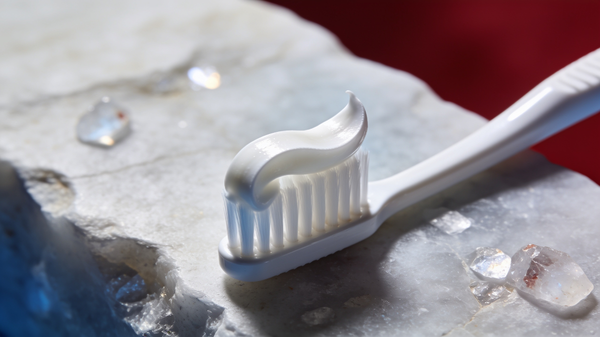 Fluoride vs hydroxyapatite — toothpaste on brush with enamel mineral