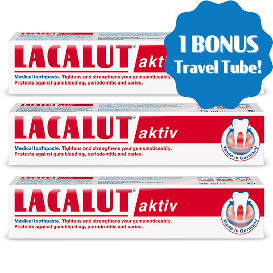 3 x LACALUT® Aktiv 75ml With 1 Bonus Travel Size Tube