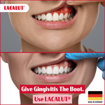 A before & after close-up showing the difference between red gums with gingivitis & healthy pink gums, after using lacalut