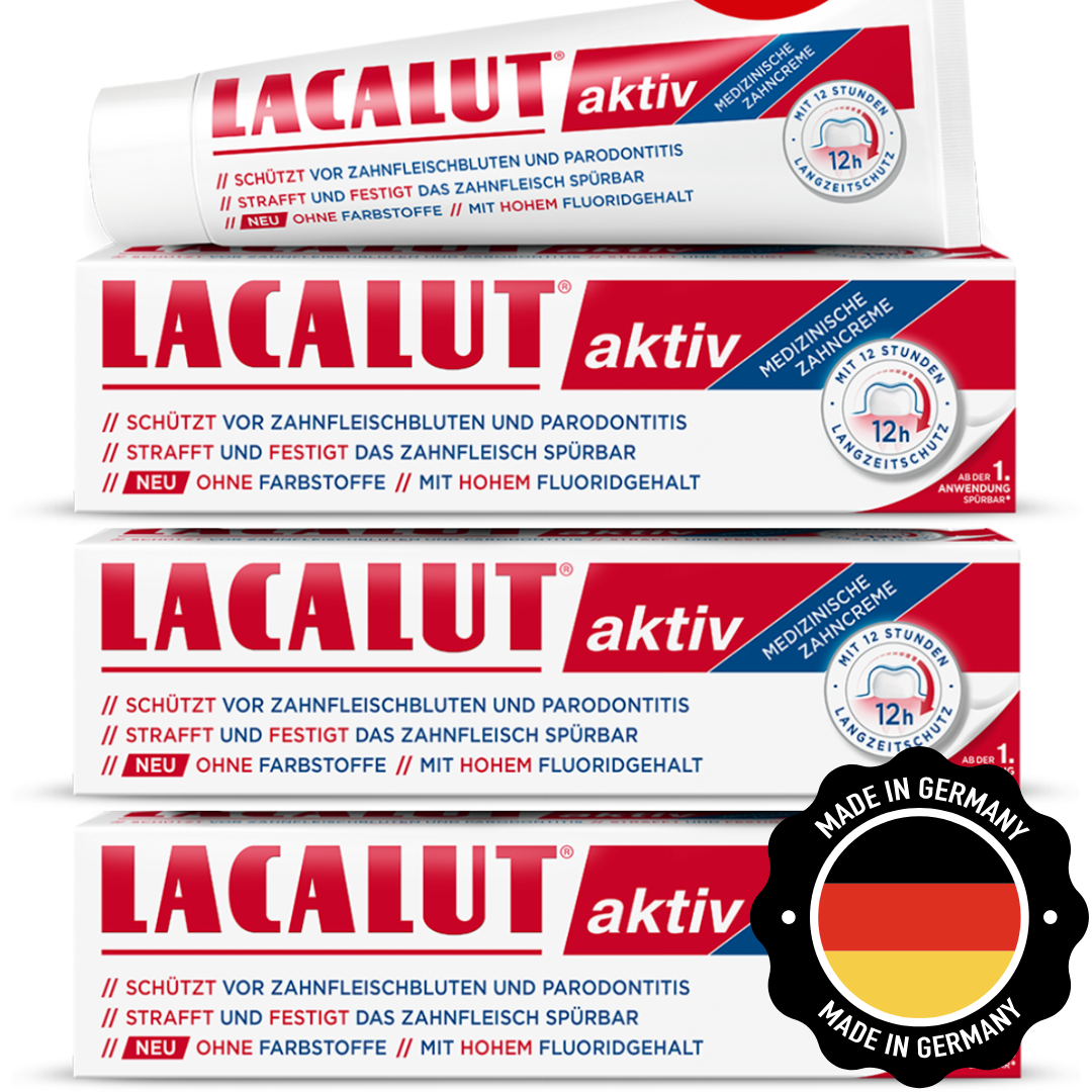 Three tubes of LACALUT® Aktiv toothpaste, showcasing the new packaging made in Germany