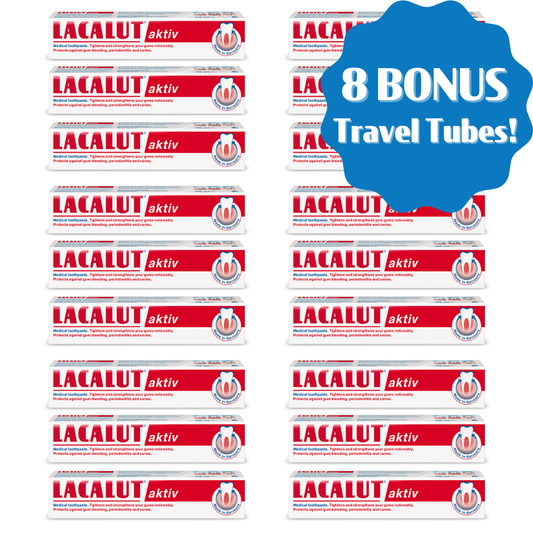 18 x LACALUT® Aktiv 75ml With 8 Bonus Travel Sized Tubes