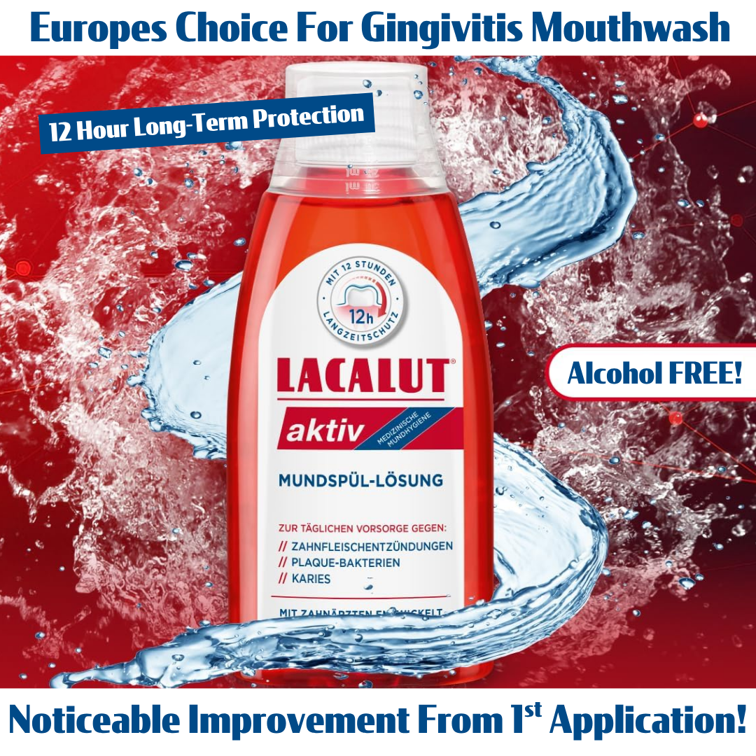 Lacalut mouthwash bottle with water splashes on a red background