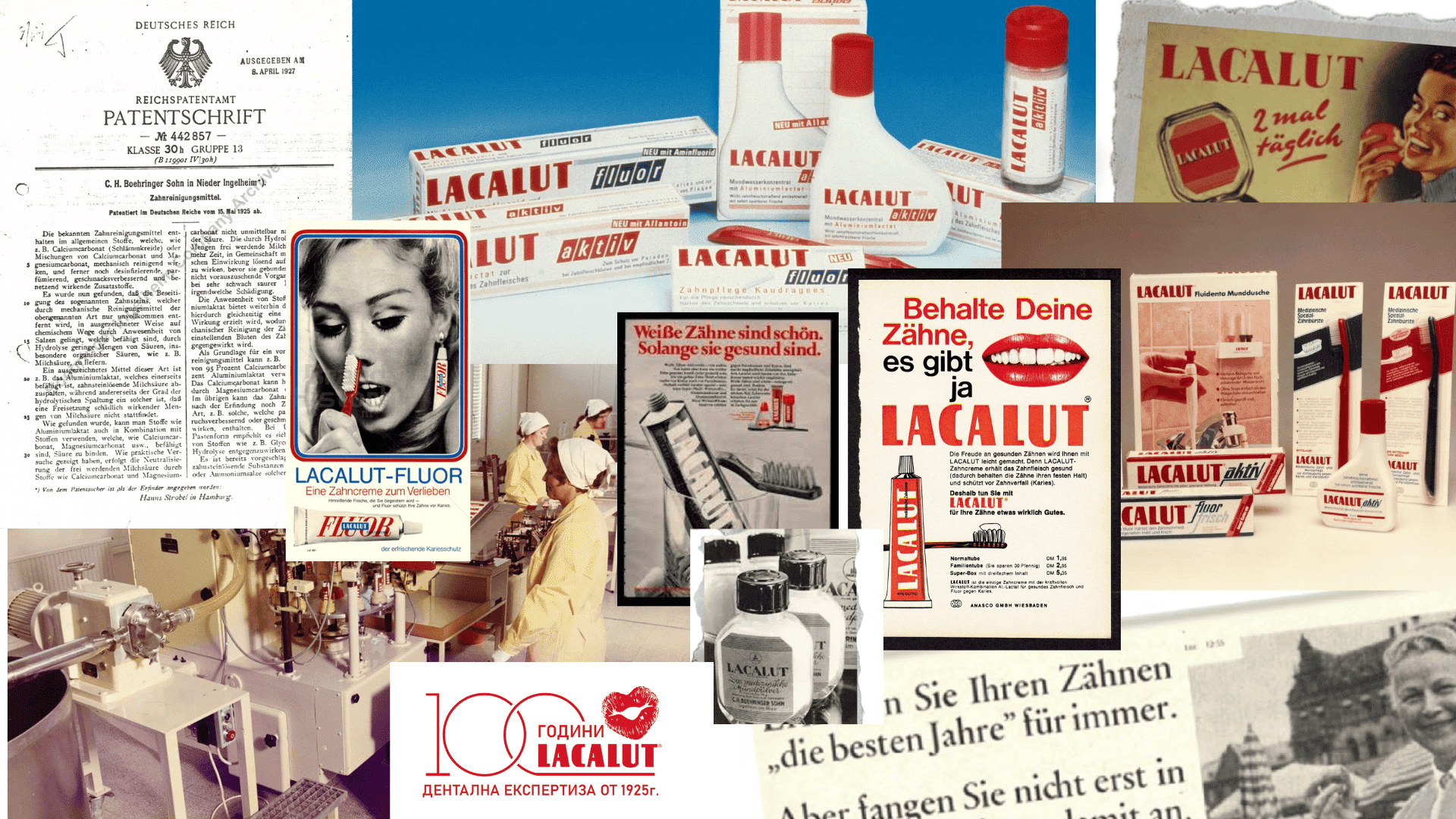 A collage of images showing LACALUT®'s 100+ years of history creating the best medicated oral care products in the world