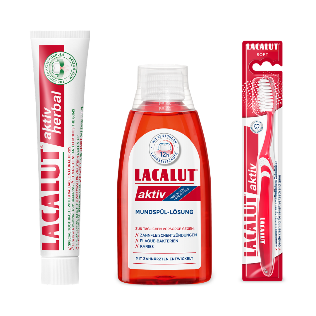 LACALUT AKTIV Herbal 3-Part System — toothpaste, mouthwash and toothbrush