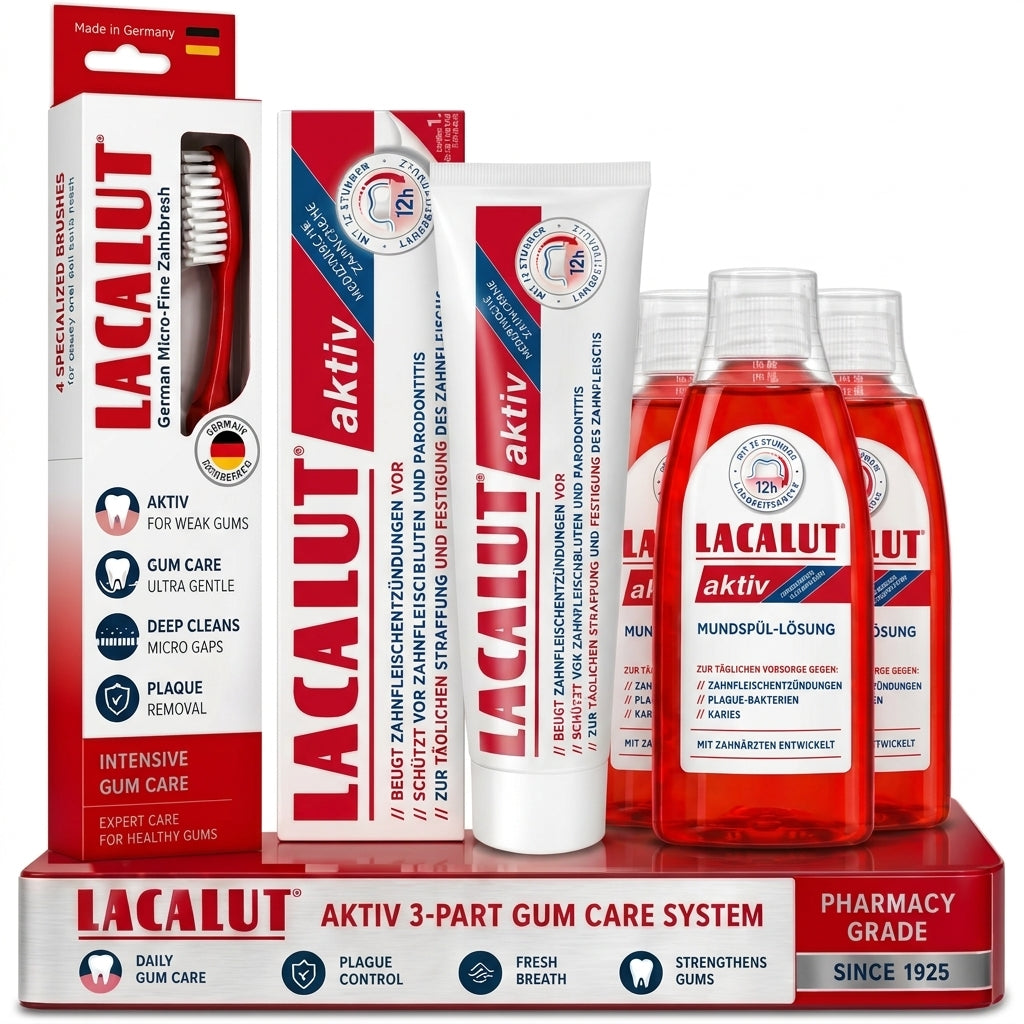 LACALUT AKTIV complete gum-care kit with toothpaste, toothbrush and mouthwash