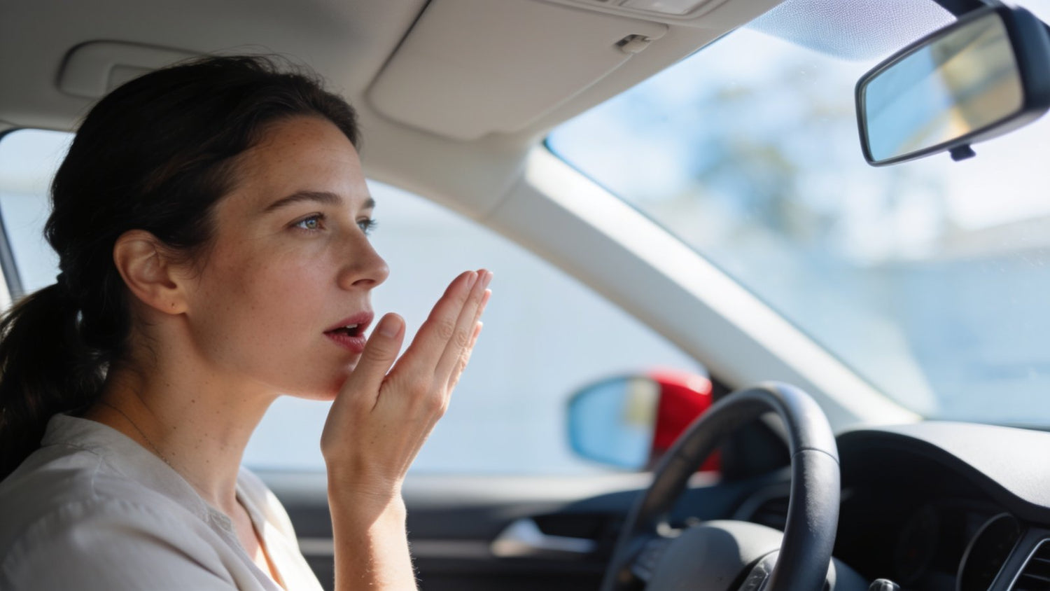Woman checking her breath in the car