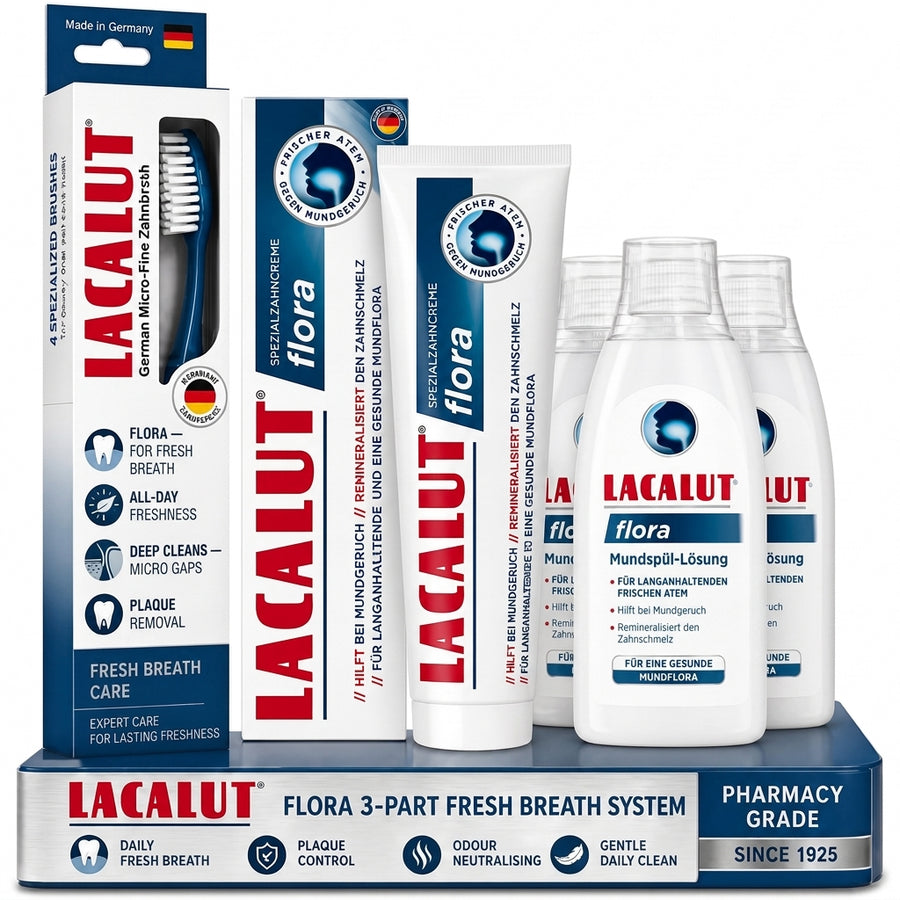 LACALUT FLORA toothpaste, mouthwash and tongue-cleaner toothbrush