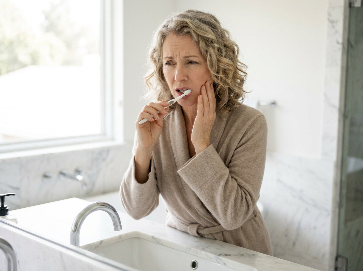 Middle-aged woman wincing from tooth sensitivity while brushing